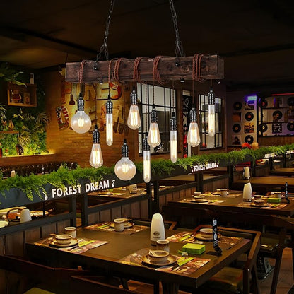 8-Lights Farmhouse Kitchen Island Pendant Light, Rustic Wood Chandeliers for Dining Room,Height Adjustable Island Light,Dining Room Bar Restaurant Cafe Pool Table.