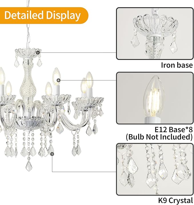 Crystal Chandelier Hanging Pendant Light Fixture,8 Lights Glass Candle Chandeliers for Kitchen Island Dining Rooms Bedroom Living Room Bar Ceiling Light