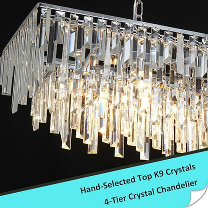Rectangle Crystal Chandelier 47 Inch, 14-Light Dining Room Chandelier Over Table, Chrome Modern Contemporary Pendant Light, Raindrop Hanging Ceiling Lighting Fixture for Kitchen Living Room