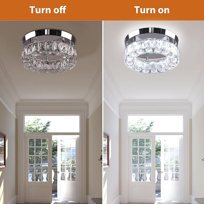 9.8" Crystal Flush Mount Ceiling Light Fixtures LED Round Mini Chandelier Light Fixture Ceiling Lamp for Kitchen Hallway Foyer 15 W 6000K Cool White