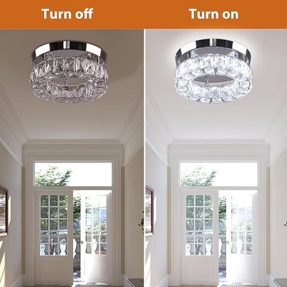 9.8" Crystal Flush Mount Ceiling Light Fixtures LED Round Mini Chandelier Light Fixture Ceiling Lamp for Kitchen Hallway Foyer 15 W 6000K Cool White