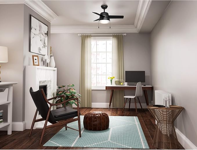 Hunter 36 inch Small Indoor Ceiling Fan with LED Light and Pull Chain - Modern Ceiling Fan, Standard Mount, 3 Blades, For Bedroom, Home Office, or Laundry Room, Quiet - Aker 59302, Matte Black