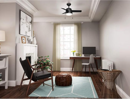 Hunter 36 inch Small Indoor Ceiling Fan with LED Light and Pull Chain - Modern Ceiling Fan, Standard Mount, 3 Blades, For Bedroom, Home Office, or Laundry Room, Quiet - Aker 59302, Matte Black