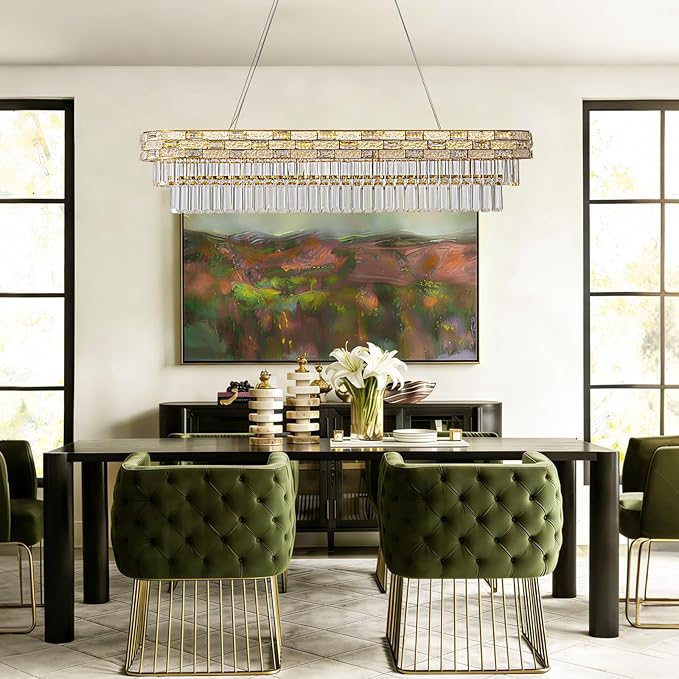 47.2" L Modern Crystal Chandelier, Gold Large Chandeliers for Dining Room, K9 Luxury Chandelier, Pendant Light Fixture, LED Chandelier for Living Room Kitchen Island Entryway