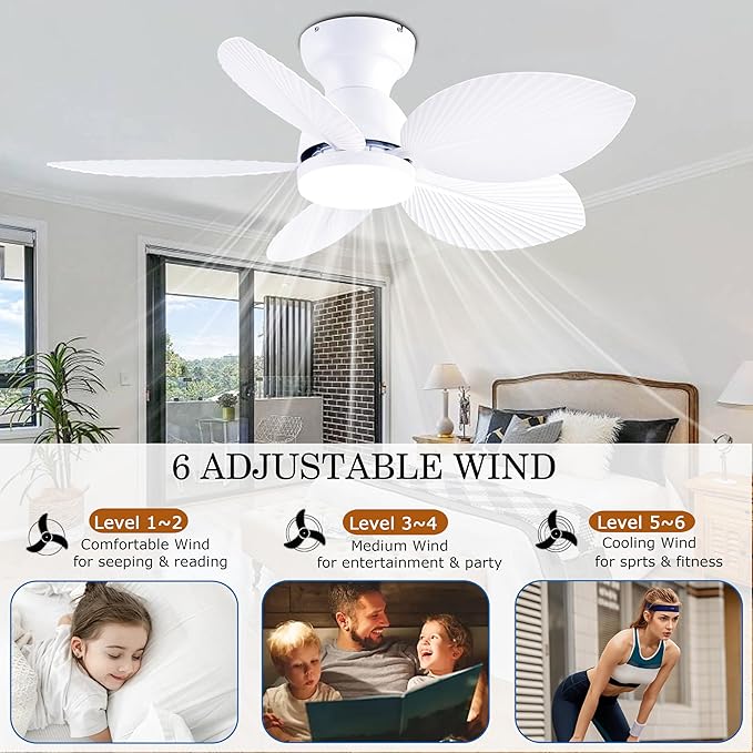 GJeg Tropical Ceiling Fans with Light, 38-inch Flush Mount Palm Leaf Ceiling Fans for Bedrooms, Indoors and Outdoors, Remote Control/APP Control, 6-Speed, Dimmable, Reversible, White.