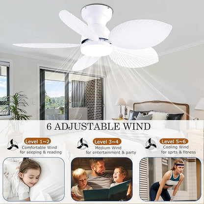 GJeg Tropical Ceiling Fans with Light, 38-inch Flush Mount Palm Leaf Ceiling Fans for Bedrooms, Indoors and Outdoors, Remote Control/APP Control, 6-Speed, Dimmable, Reversible, White.