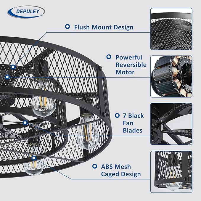Depuley Low Profile Ceiling Fan: 26" Flush Mount Ceiling Fan Lights Reversible - Industrial Caged Ceiling Fans Light Fixture 6 Speeds for Bedroom Kitchen Black E26 Base Bulbs Not Included
