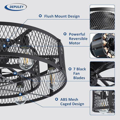 Depuley Low Profile Ceiling Fan: 26" Flush Mount Ceiling Fan Lights Reversible - Industrial Caged Ceiling Fans Light Fixture 6 Speeds for Bedroom Kitchen Black E26 Base Bulbs Not Included