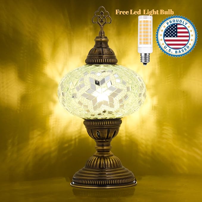 Turkish Lamp, Mosaic Table Lamp, Antique Moroccan Decorative Glass Bohemian Vintage Lamp Shade, Small Desk Tiffany Bedside Stained Glass Lamp with US Plug and E12 Socket