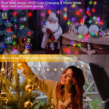 2 Pack Fairy Lights Battery Operated, 66Ft 200 LED RGB Color Changing & 2700K Warm White Twinkle Lights with 150 Scence Modes Silver Wire Mini Light for Bedroom Garden Wedding Decor