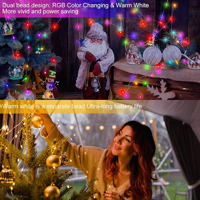 echosari Fairy Lights Battery Operated, 33Ft 100 LED 150 Scene Modes Silver Wire Twinkle Lights with Remote Timer for Bedroom Trees Garden Decor (RGB + 2700K Warm White)