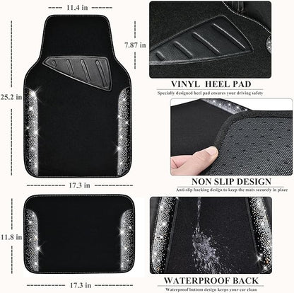 CAR PASS Bling Car Mats Shining Diamond Carpet Crystal Rhinestone Sparkly Glitter Floor Mats with Anti-Slip PVC Pad Universal Fit Automotive SUV,Sedan,Van,4pcs for Girl Women, Black Sliver Diamond
