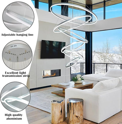 6 Rings Pendant Lights 47.2'' Modern Height Adjustable Chandeliers Sliver Led Chandelier Dimmable Sliver Chandelier Led Pendant Light for Dining Room Bedroom Living Room(3000K-6000K)