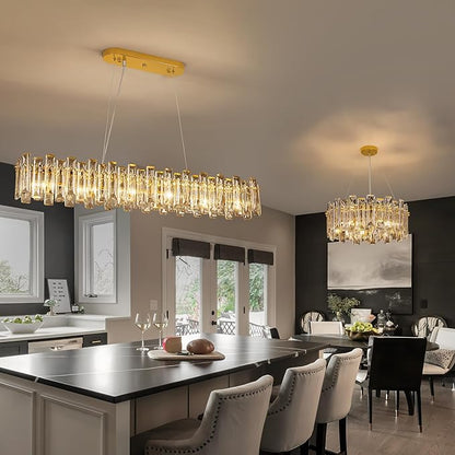 Modern Luxury Rectangular K9 Crystal Chandelier for Dining Room Living Room Kitchen Island Entryway Foyer L43 Easy Install Adjustable Hight 6-Light Ceiling Hanging Light Fixture Gold