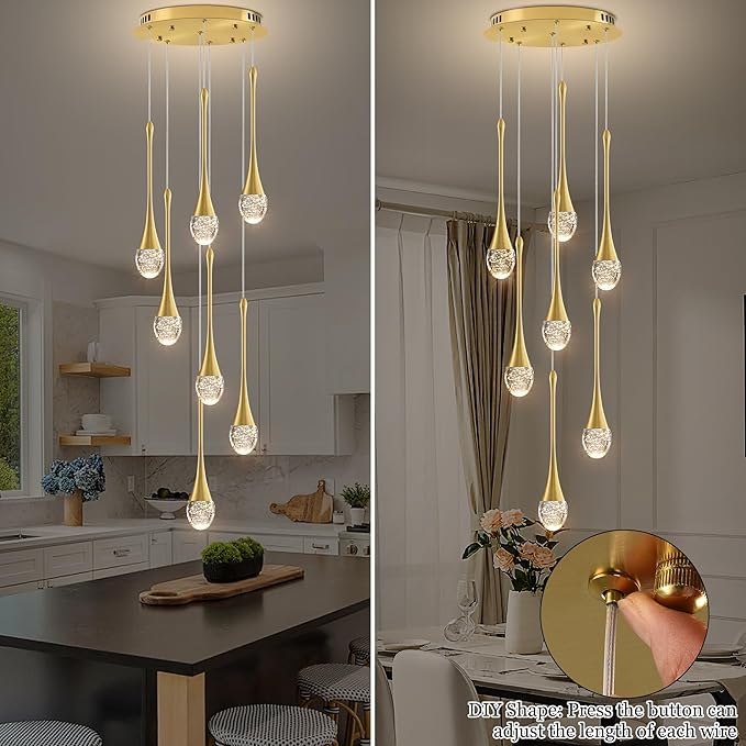 Modern Crystal Chandelier 7-Lights Gold, H60'' High Ceiling Spiral Dimmable LED Bubble Crystal Raindrop Light Fixture for Foyer Entryway Dining Room Remote Control