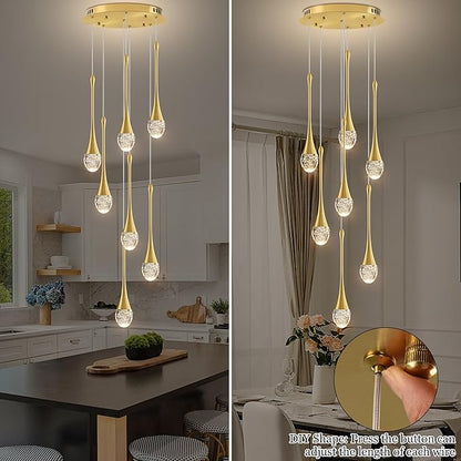 Modern Crystal Chandelier 7-Lights Gold, H60'' High Ceiling Spiral Dimmable LED Bubble Crystal Raindrop Light Fixture for Foyer Entryway Dining Room Remote Control