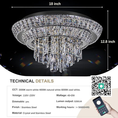 18 inch Crystal Black Ceiling-Light Flush Mount with Remote and APP Control, 3CCT Dimmable & Brightness Adjustable, Modern Crystal Raindrop Chandeliers for Bedroom Hallway Dinning Room Living Room