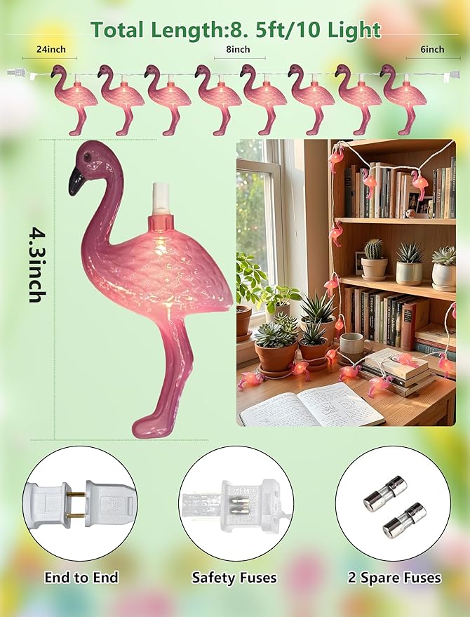 GOOTHY 8.5Ft Pink Flamingo String Lights, Summer Patio Outdoor String Lights with 10 Mini Flamingo Lights, Plug in Decorative Fairy Lights UL Listed for Bedroom Party Birthday Wedding Holiday Decor