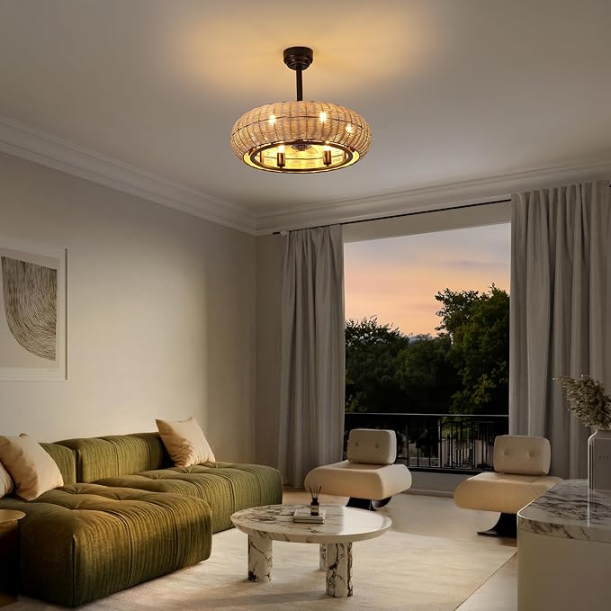 JONATHAN Y 23" Light Brown/Black 6-Light Modern Bohemian Ceiling Fan with Lights, 6-Speed Remote and App Control, Height Adjustable LED Lantern with Dark Brown Rattan Shade for Living Room (JYL9728B)