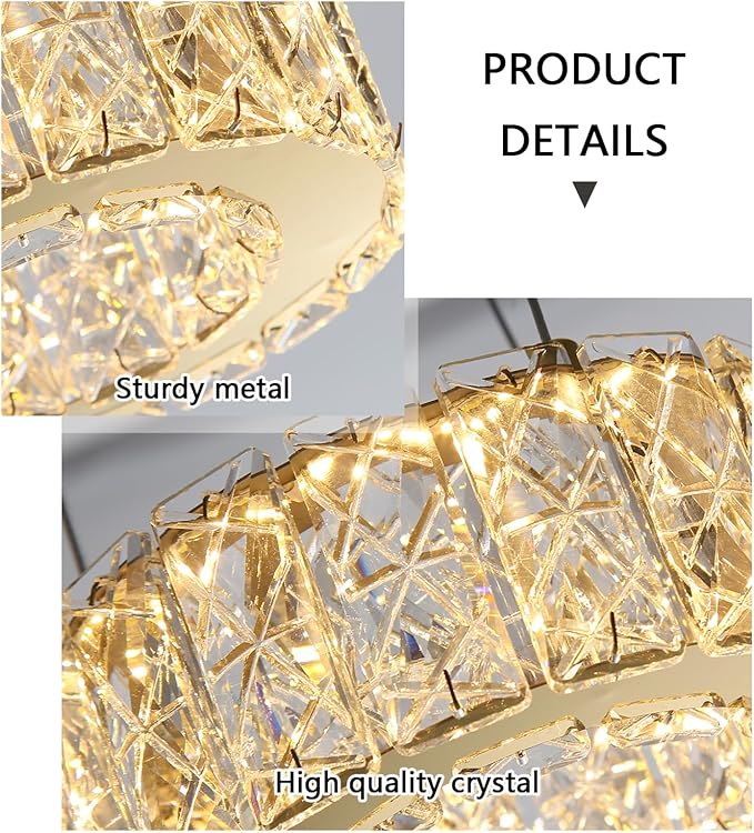 Modern Crystal Chandelier 8W Dimmable LED Crystal Pendant Light Fixtures Height Adjustable Round Gold Chandeliers for Dining Room Hallway Bedroom