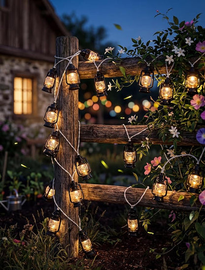8.5Ft Black Mini Kerosene String Lights, Vintage Decorative String Lights with 10 LED Kerosene Lantern Bulbs, Waterproof Connectable Plug in Fairy Lights for Camping Patio Bedroom Party Holiday Decor