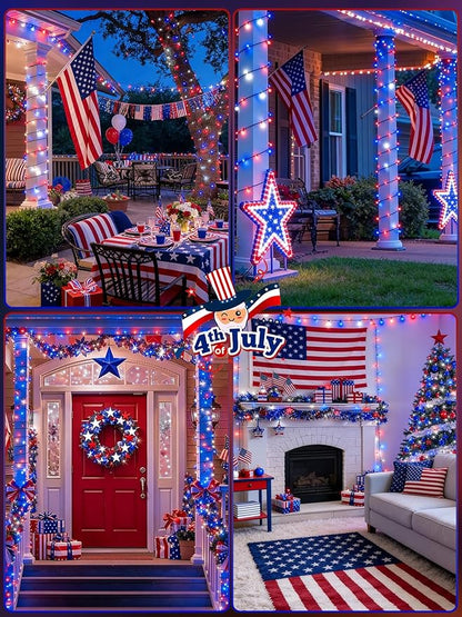 2 Pack 200 LED Red White and Blue Solar String Lights Outdoor Waterproof, Solar Powered LED Patriotic Lights, Solar Tree Lights for Independence Day 4th of July Memorial Day 250th Anniversary Decor