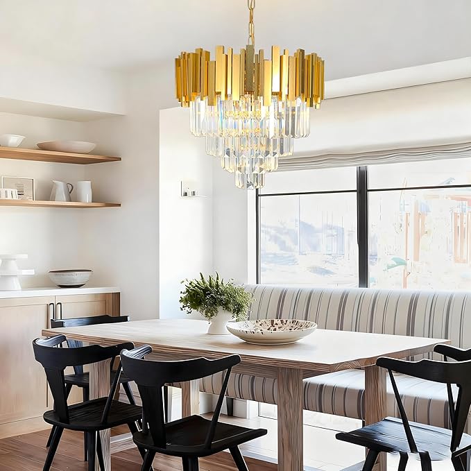 Luxury Gold Crystal Chandelier, W50cm Modern Round Ceiling Hanging Light Adjustable Chain & Dimmable Light Fixture for Dining Living Room Kitchen Island Foyer 7Lights