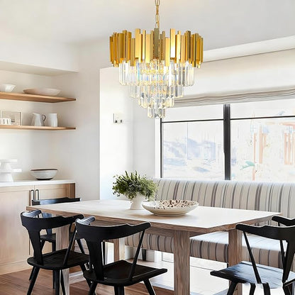 Luxury Gold Crystal Chandelier, W50cm Modern Round Ceiling Hanging Light Adjustable Chain & Dimmable Light Fixture for Dining Living Room Kitchen Island Foyer 7Lights