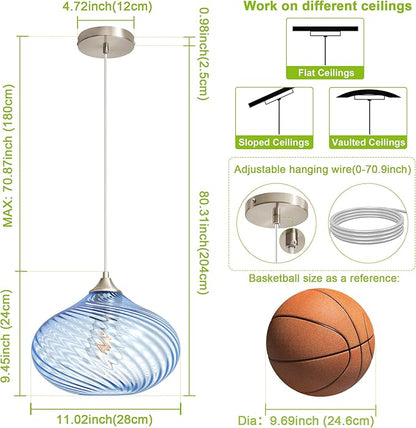 Glass Pendant Lights Kitchen Island, 11'' Brushed Nickel Pendant Lighting Fixtures, Modern Hanging Ceiling Light with Striped Blue Glass Shade for Farmhouse Dining Room Bedroom Hallway(1 Pack)