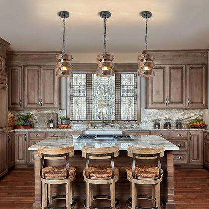 2pack Farmhouse Wood Pendant Lights Kitchen Island, Dining Room Lighting Fixtures Over Table Rustic Chandelier Height Adjustable Hallway Light for Foyer Living Room Bar Restaurant