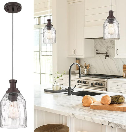 zeyu 1-Light Kitchen Hanging Light Fixture, Farmhouse Island Pendant Lighting, Water Ripple Glass Shade, Oil Rubbed Bronze Finish, ZG33M1L-L ORB-WG