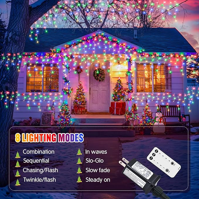 JMEXSUSS 400 LED 38.8Ft Icicle Christmas Lights with Remote - Outdoor Multicolor String Lights Plug in, 8 Mode for Outside Indoor House Yard Patio Eave Decorations