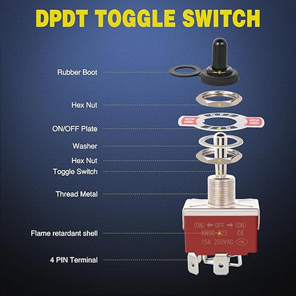 Nilight 4Pin Reverse Polarity Toggle Switch 2PCS 12V Momentary Rocker Switches 30A On Off On DPDT 3 Position Waterproof Boot Cap Jack Motor Control w/14 Gauge Wires