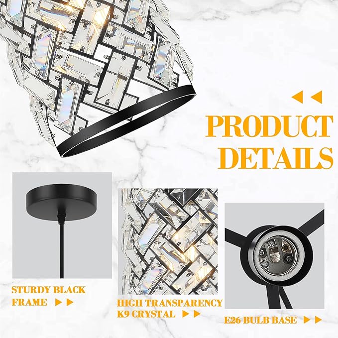 Black Crystal Pendant Lights Kitchen Island, Modern Mini Chandelier, Adjustable Hanging Ceiling Light Fixture for Kitchen Dining Room Bedroom Foyer Bar (1 Pack)