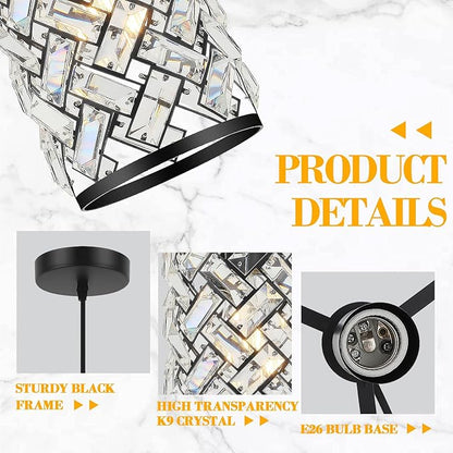 Black Crystal Pendant Lights Kitchen Island, Modern Mini Chandelier, Adjustable Hanging Ceiling Light Fixture for Kitchen Dining Room Bedroom Foyer Bar (1 Pack)