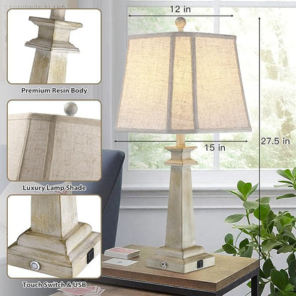 27.5" Table Lamps Set of 2, 3-Way Dimmable Touch Lamps for Nightstand, Farmhouse Table Lamp for Living Room and Bedroom with USB A+C Charging Ports, Bulbs Included (Antique White)