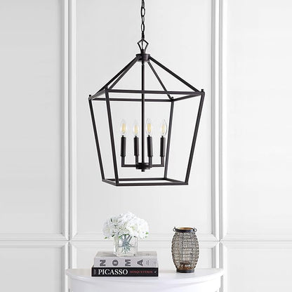 JONATHAN Y 16" Oil Rubbed Bronze Lantern Pendant Light, 4-Light Pagoda Style Metal Cage Farmhouse Hanging Ceiling Fixture for Kitchen Island, LED Bulb Included (JYL7437A)