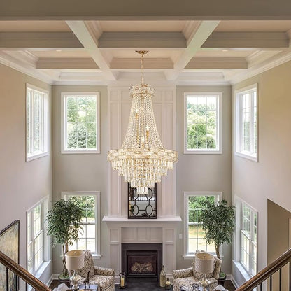 12 Lights Gold Crystal Chandeliers Modern Chandelier for High Ceilings Large Pendant Light Fixture Foyer Staircase Hallway Entryway Living Room Hall Lobby 36" H x 23.5" D