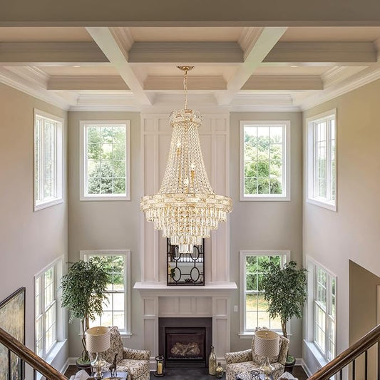 12 Lights Gold Crystal Chandeliers Modern Chandelier for High Ceilings Large Pendant Light Fixture Foyer Staircase Hallway Entryway Living Room Hall Lobby 36" H x 23.5" D