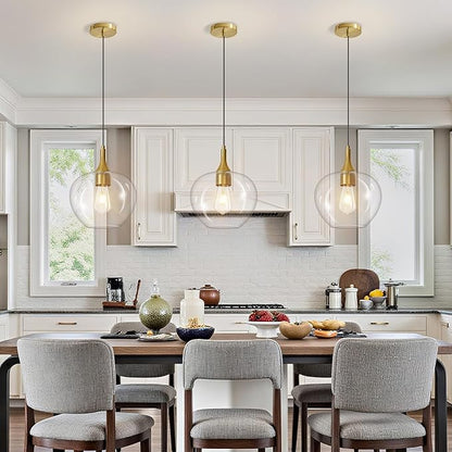 Glass Pendant Lights Kitchen Island, 9.45'' Brass Gold Pendant Lighting Fixtures, Modern Hanging Ceiling Light with Clear Glass Shade for Farmhouse Dining Room Bedroom Hallway(1 Pack)