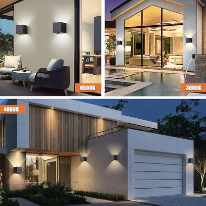 2 Pack LED Outdoor Wall Sconces Exterior/Interior,Modern Black Square Aluminum Wall Light Fixture Set,Variable Beam IP65 Waterproof Lights.15W 3-Color-Changeable Up and Down Outdoor Lighting Fixtures.