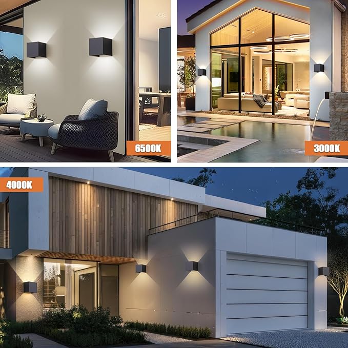 4 Pack LED Outdoor Wall Sconces Exterior/Interior,Modern Black Square Aluminum Wall Light Fixture Set,Variable Beam IP65 Waterproof Lights.15W 3-Color-Changeable Up and Down Outdoor Lighting Fixtures.