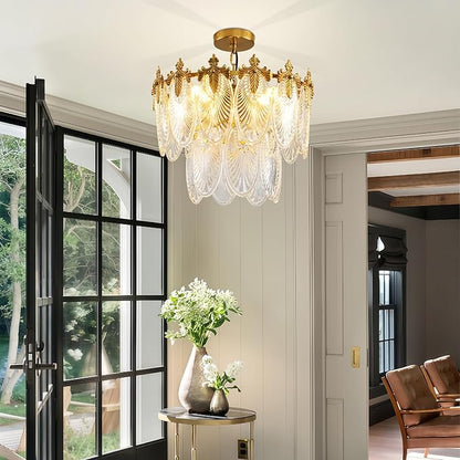 Antique Chandeliers 2-Layer Gold Crystal Glass Chandelier, 4-Light Round Pendant Light 17.7" Brushed Brass Adjustable Height, Applicable to Dining Room, Bedroom, Living Room, Foyer, Kitchen Island