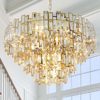 W31.5 Modern Crystal Chandelier Gold Round Chandelier for Living Room 4-Tier Large Chandeliers for High Ceiling Foyer Entryway Light Fixture Hanging Contemporary Lighting 19-Light