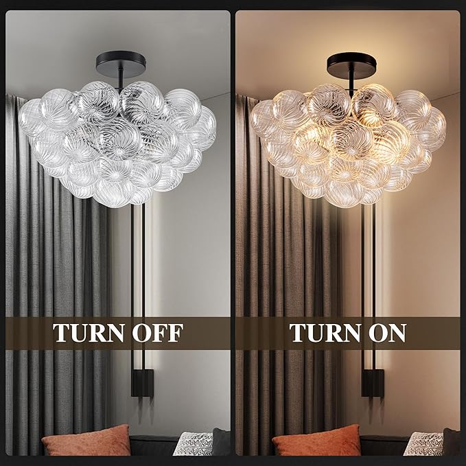 Hand Blown Glass Bubble Ball Chandelier Black Finish 20" Semi Flush Mount Ceiling Light Fixture Art Deco Cluster Ribbed Glass Globe Chandeliers Lighting for Dining Room Entry Living Bedroom