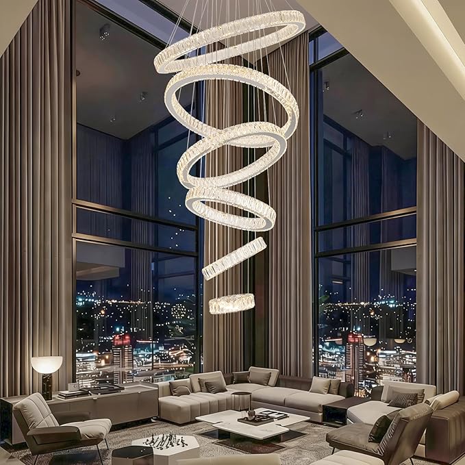Finktonglan 6-Ring Crystal LED Chandelier, Dimmable Pendant with Remote, Adjustable Height 118", K9 Stainless Rings (Ø7.9–27.6"), 3000–6500K, Memory/Timer for Stairwell Foyer Living Room