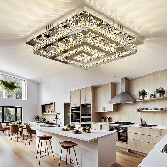 34" Large Crystal Chandelier with Remote/APP Control, 3 Color Temperature Light Fixture & Brightness Adjustable, Modern Flush Mount LED Ceiling Light Fixture for LivingRoom Kitchen Hallway Dining Room