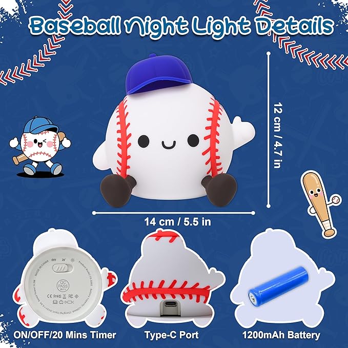Baseball Night Light, Sports Baseballs Gifts for Baseball Fan, Soft Silicone Rechargeable LED Touch Lamp, Nursery Bedroom Bedside Decor for Boys Baby Kids Teen Sport Lover Xmas Birthday Gifts