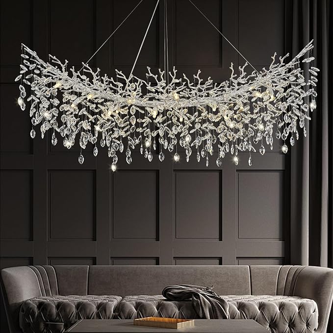 Modern Crystal Silver Chandeliers,63" Large Rectangular Dining Room Over Table Chandelier, Tree Branch Crystal Lving Room Chandelier for High Ceiling,Kitchen Island