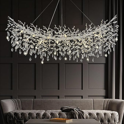Modern Crystal Silver Chandeliers,63" Large Rectangular Dining Room Over Table Chandelier, Tree Branch Crystal Lving Room Chandelier for High Ceiling,Kitchen Island